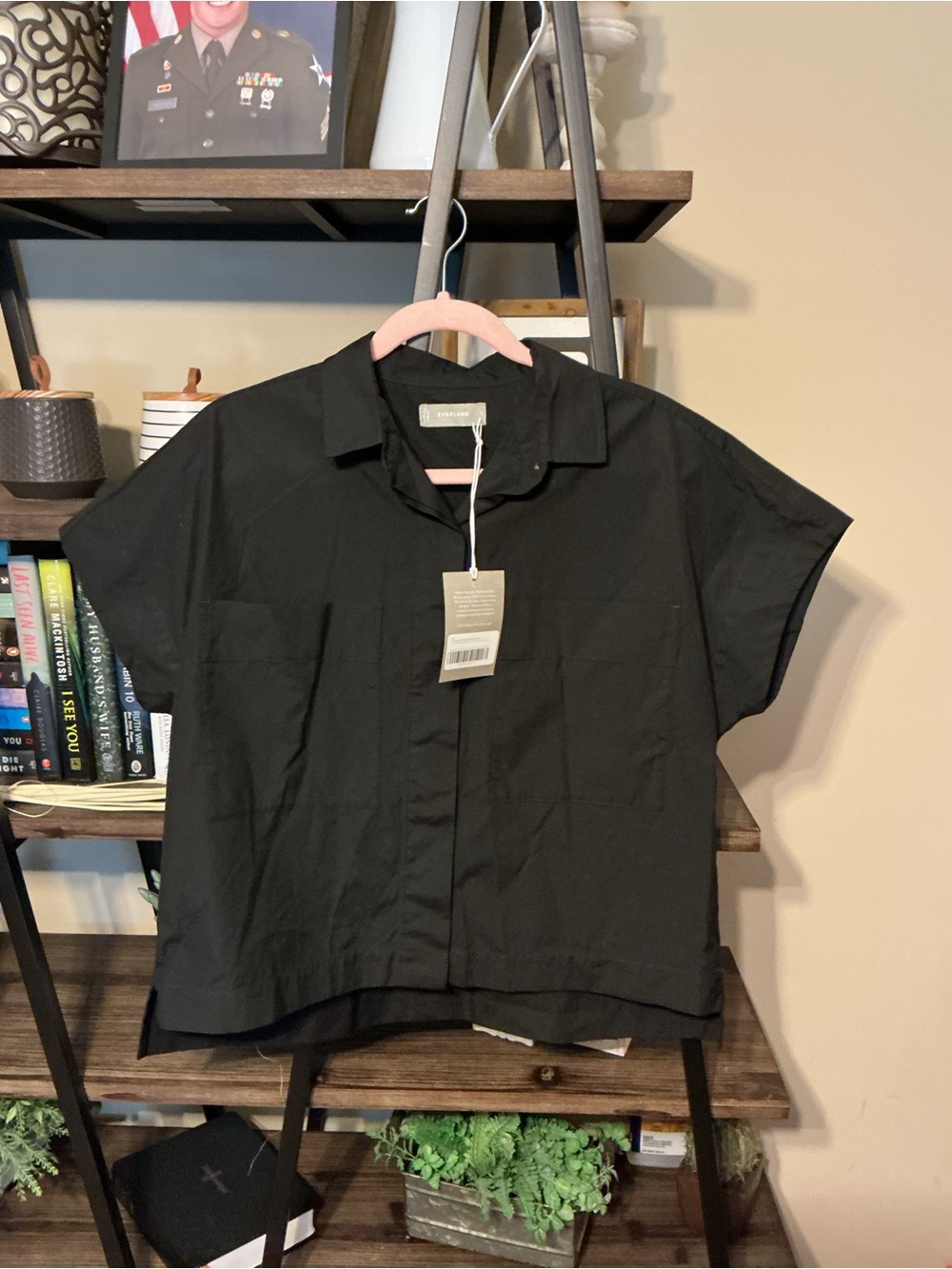 Everlane Black Poplin Boxy Short-Sleeve Button Down Shirt Size S